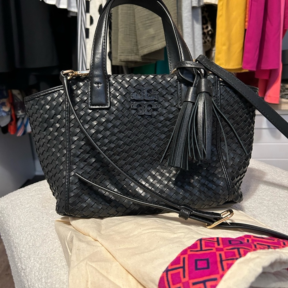 NWOT black woven leather Tory Burch crossbody bag.